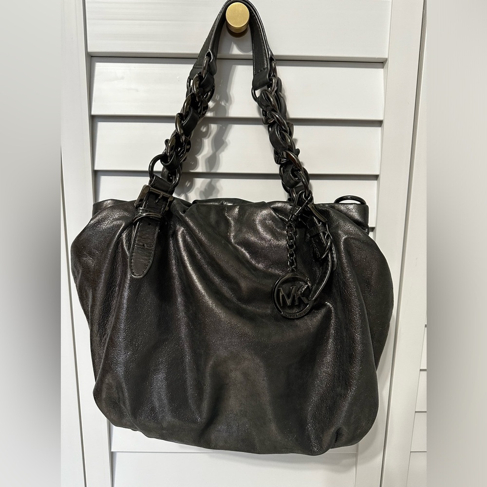 Michael Kors Gunmetal metallic Shoulder Bag Satchel Purse Excellent w/ Dust bag